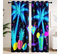 Generisch Neón Party Cortinas con ojales opacas tropicales luminosas palmeras estrellas dormitorio sala de estar habitación de los niños cortinas térmicas opacas Juego de 2 unidades H 260 x B 140 cm