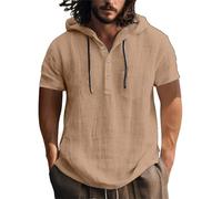 Generisch New Europe and The States Cotton and Linen Shirt Hooded Sweater Short Sleeved Hooded Spring and Summer Casual Men's Beach T Shirt Herren Dickes Hemd, marrón, S