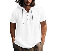 Generisch New Europe and The States Cotton and Linen Shirt Hooded Sweater Short Sleeved Hooded Spring and Summer Casual Men's Beach T Shirt Herren Dickes Hemd, Blanco, L