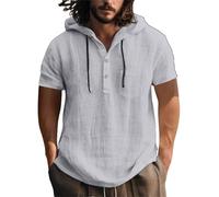 Generisch New Europe and The States Cotton and Linen Shirt Hooded Sweater Short Sleeved Hooded Spring and Summer Casual Men's Beach T Shirt Herren Dickes Hemd, gris, M