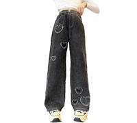 Generisch Niñas Moda Lindo Personalidad Pantalones Elásticos Cintura Ancha Pierna Vaqueros Casual Demin Pantalones Con Bolsillos, Negro , 8-9 años