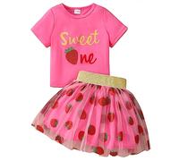Generisch Niño Niña Verano Manga Corta Fresa Letra Estampados Tops Falda 2PCS Trajes Conjunto de Ropa para Niños, Rosa., 3-4 años
