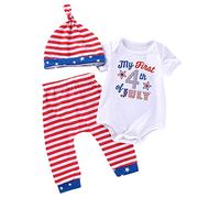 Generisch Niño Niño Día de la Independencia Manga Corta Letra Estampados Mameluco Mono Pantalones Rayas Sombrero 3 PIEZAS Trajes Conjunto de Ropa, azul, 6-9 meses