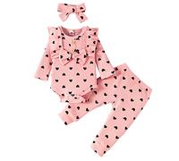 Generisch Niños Infantiles Bebé Niña Dos Piezas Estampado Corazón Acanalado Arco Mameluco Tops + Pantalones Diadema Trajes Ropa 3PCS Conjuntos 2025, Rosa., 0-3 meses