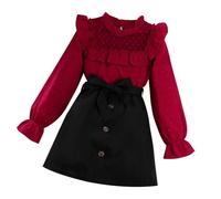 Generisch Niños Niño Niño Niña Manga Larga Volantes Mangas Nylon Encaje Patchwork Tops Sólido Falda 2PCS Conjunto de Trajes, rojo, 11-12 años