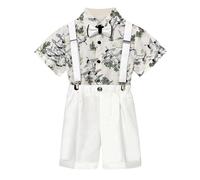 Generisch Niños Verano Dibujos Animados Impreso Camisa de Manga Corta Color Sólido Tirantes Pantalones Cortos Pajarita 4PC Rendimiento Traje Traje de Dos Piezas Niños, Gris claro., 1-2 años