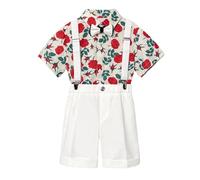 Generisch Niños Verano Dibujos Animados Impreso Camisa de Manga Corta Color Sólido Tirantes Pantalones Cortos Pajarita 4PC Rendimiento Traje Traje de Dos Piezas Niños, rojo, 2-3 años
