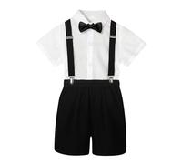 Generisch Niños verano estilo británico camisa de manga corta tirantes pantalones cortos pajarita 4 piezas rendimiento traje traje de dos piezas niños, Blanco, 4-5