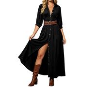 Generisch Novedades 2026 Elegante vestido casual de gasa con cuello francés, mangas largas, ajuste holgado, aspecto envolvente, corte fluido, Negro , S