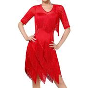 Generisch Novedades 2026 Elegante vestido de baile latino con flecos Rhinestones para actuaciones escénicas, concursos espectáculos de práctica, rojo, XL