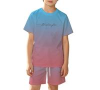 Generisch Novedades 2026 Moderno traje degradado de color con estampado de ciudad, camiseta de manga corta pantalones cortos para niños, malla transpirable, ropa de juego casual, azul celeste, 11-12
