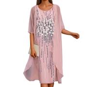 Generisch Ocio Elegante Vestido de Gasa Impreso Dos Piezas, Rosa., XXL