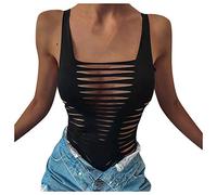 Generisch Out Summer Trajes de cuerpo sin mangas para fiesta sexy corte clubwear para mujer blusa ajustada blusa de mujer blusa sin hombros, Negro , L