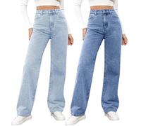 Generisch Pack de 2 vaqueros para mujer de pierna recta, cintura alta, corte estrecho, pantalones vaqueros para mujer, modernos y ligeros con botones y bolsillos, ropa de calle de gran tamaño