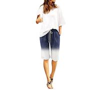 Generisch Pantalones anchos para mujer con degradado o mezcla de algodón y lino, elásticos, pantalones largos para el tiempo libre, para la playa y el día a día, marine, XXL