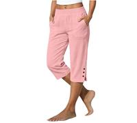 Generisch Pantalones capri casuales de mujer con bolsillos de pierna recta, pantalones de playa sueltos para uso diario, Rosa., L