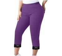 Generisch Pantalones capri para mujer, de verano, elásticos, cintura alta, dobladillo de encaje elástico, tallas grandes, pantalones de deporte, ajustados, opacos, modernos, informales, cómodos, para