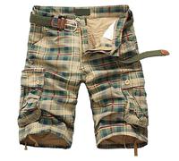 Generisch Pantalones cargo a cuadros para hombre con cremallera hebilla pantalones cortos al aire libre herramientas pantalones de playa pierna recta ropa suelta, caqui, L