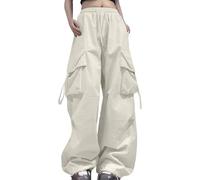 Generisch Pantalones cargo para mujer, ajuste relajado, ropa holgada, cremallera alta, bolsillos con cordón, holgados, talla grande, pantalones negros, versátiles, combinables, beige, XL