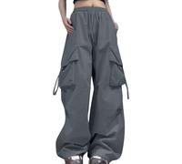 Generisch Pantalones cargo para mujer, corte holgado, cintura alta con cordón, bolsillos, corte holgado, talla grande, cierre con cremallera, pantalones negros para el tiempo libre, gris oscuro, 3XL