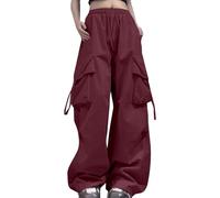 Generisch Pantalones cargo para mujer, corte holgado, cintura alta con cordón, bolsillos, corte holgado, talla grande, cierre con cremallera, pantalones negros para el tiempo libre, Vino, 5XL