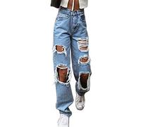 Generisch Pantalones cargo para mujer, vaqueros holgados, pantalones vaqueros para mujer, negros rotos, pantalones vaqueros elásticos Y2K, pierna ancha, pantalones vaqueros sueltos para mujer