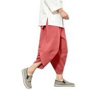 Generisch Pantalones casuales para hombre de estilo chino, pantalones de verano de lino de cintura alta, pantalones harén ligeros de un solo color, pantalones cargo holgados, pantalones cargo holgados