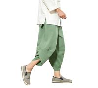Generisch Pantalones casuales para hombre de estilo chino, pantalones de verano de lino de cintura alta, pantalones harén ligeros de un solo color, pantalones cargo holgados, pantalones cargo holgados