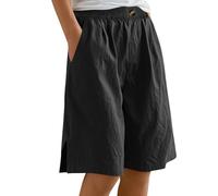 Generisch Pantalones casuales para mujer con cintura elástica y dobladillo ranurado para primavera, cómodo quinto largo para el día a día, vacaciones, oficina, Negro , L