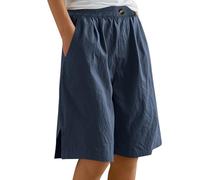 Generisch Pantalones casuales para mujer con cintura elástica y dobladillo ranurado para primavera, cómodo quinto largo para el día a día, vacaciones, oficina, marine, XL