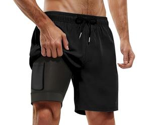 Generisch Pantalones cortos 2 en 1 para hombre, para correr, gimnasio, atlético, para exteriores, maratón, entrenamiento, entrenamiento, con bolsillos integrados, ajustable, cordón, playa, bañador