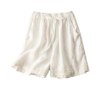 Generisch Pantalones cortos cargo para hombre, 3/4, pantalones de cinco puntos de algodón y lino para mujer, 2025, retro, de encaje hueco, literarios, sueltos, informales, mediados, Blanco, XL