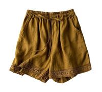 Generisch Pantalones cortos cargo para hombre, 3/4, pantalones de cinco puntos de algodón y lino para mujer, 2025, retro, de encaje hueco, literarios, sueltos, informales, mediados, amarillo, M