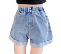 Generisch Pantalones cortos de mezclilla casuales para niñas 2026 - Pantalones cortos ligeros plegables para todos los días y verano, a la moda para jóvenes, azul, 8-9 años