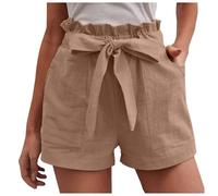 Generisch Pantalones cortos de verano para mujer con bolsillos, dobladillo con volantes y pajarita en la cintura, pantalones cortos casuales de cintura alta, caqui, XXL
