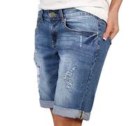 Generisch Pantalones cortos de verano para mujer Jean de cintura alta con agujero delgado con bolsillo verano casual suelto corto 2025, azul, S