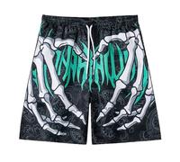 Generisch Pantalones cortos para hombre, esqueleto, calavera, playa, tabla de playa, pantalones cortos de ocio, bañadores, Halloween, con estampado de calavera, cordón, pantalones cortos de verano