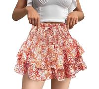 Generisch Pantalones cortos + Top Conjunto de Pantalones Cortos Fluidos para Mujer Estampado Floral Pantalones Cortos Volantes Cintura Corta Mariposa Pantalones Cortos Casual, naranja, XXL