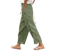 Generisch Pantalones de chándal para mujer con cintura elástica monocromática y ajuste holgado, tira de botones laterales, pantalones funcionales para el tiempo libre, Verde militar., XL