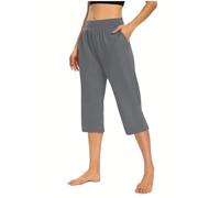 Generisch Pantalones de dormir para mujer de verano 3/4, pantalones de pijama largos con puños, monocolor, pantalones de casa con bolsillos, pantalones de pijama suaves y cómodos, talla S-3XL