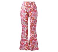 Generisch Pantalones de estilo años 70 para mujer, de estilo boho de los 60, hippie, con flores, de cintura alta, para disco, disfraz, yoga, leggings, cómodos, para deporte y ocio, A1-rosa., XXL