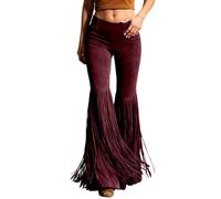 Generisch - Pantalones de flecos occidentales de cintura alta, pantalones informales para mujer bohemios para el día a día, ante sintético con ribete de flecos, rojo, XXL
