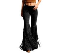 Generisch - Pantalones de flecos occidentales de cintura alta, pantalones informales para mujer bohemios para el día a día, ante sintético con ribete de flecos, Negro , L
