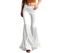 Generisch - Pantalones de flecos occidentales de cintura alta, pantalones informales para mujer bohemios para el día a día, ante sintético con ribete de flecos, Blanco, XXL