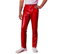 Generisch Pantalones de lentejuelas para hombre con purpurina, aspecto mojado, pantalones de ocio, largos, ajustados, elásticos, de piel sintética, con pliegues metálicos, mallas para fiestas, R rojo