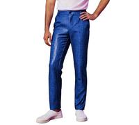 Generisch Pantalones de lentejuelas para hombre con purpurina, aspecto mojado, pantalones de ocio, largos, ajustados, elásticos, de piel sintética, con pliegues metálicos, mallas para fiestas, R azul
