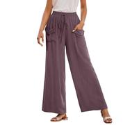 Generisch Pantalones de lino para mujer, de verano, informales, elegantes, largos, de muselina, elásticos, de cintura alta, ligeros, con bolsillos, pierna ancha, algodón, para el tiempo libre, morado