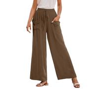 Generisch Pantalones de lino para mujer, de verano, informales, elegantes, largos, de muselina, elásticos, de cintura alta, ligeros, con bolsillos, pierna ancha, algodón, para el tiempo libre, marrón