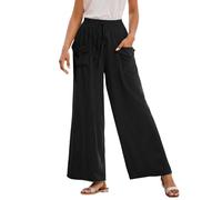 Generisch Pantalones de lino para mujer, de verano, informales, elegantes, largos, de muselina, elásticos, de cintura alta, ligeros, con bolsillos, pierna ancha, algodón, para el tiempo libre, Negro