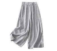 Generisch Pantalones de lino para mujer Pantalones delgados de lino de pierna ancha para mujer que se ven delgados y pantalones de cintura alta, pantalones casuales sueltos, grandes, acortados, de